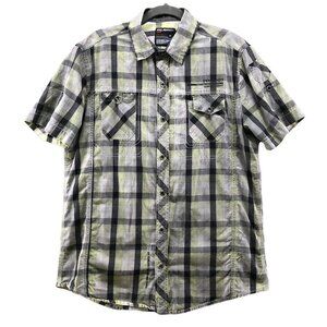 Projek Raw Gray Yellow Plaid Button Up Shirt Mens Medium M Short Sleeve